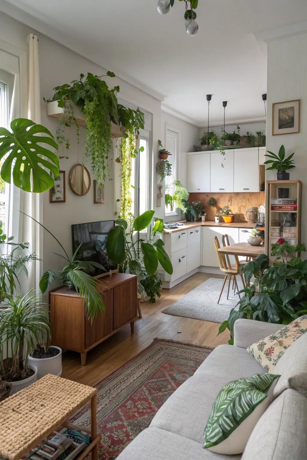 Foliage introduces a touch of nature and liveliness to the space.