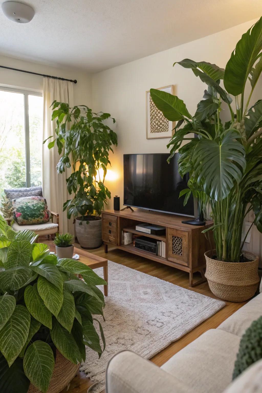 Plants add a fresh, lively touch to the TV space.