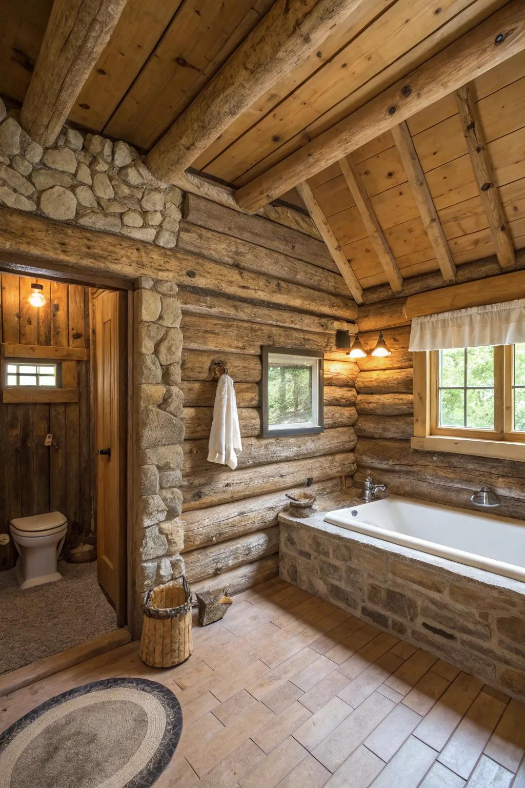 A log cabin bathroom with exposed beams and log walls.