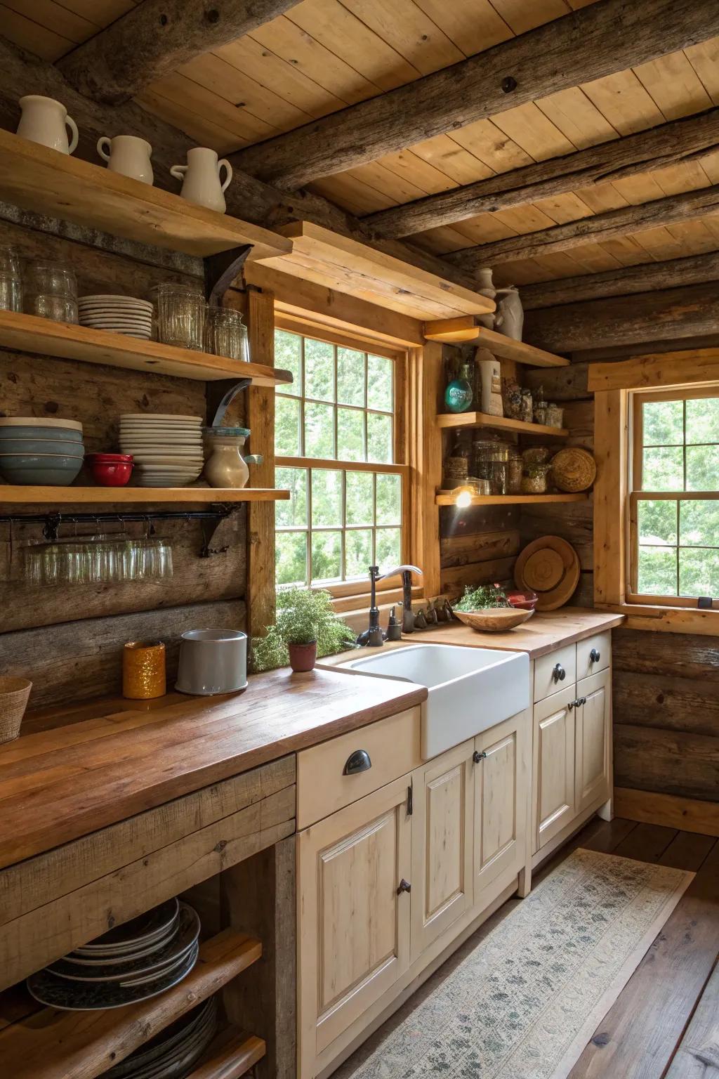Open shelving displaying country dishware in a log cabin kitchen.