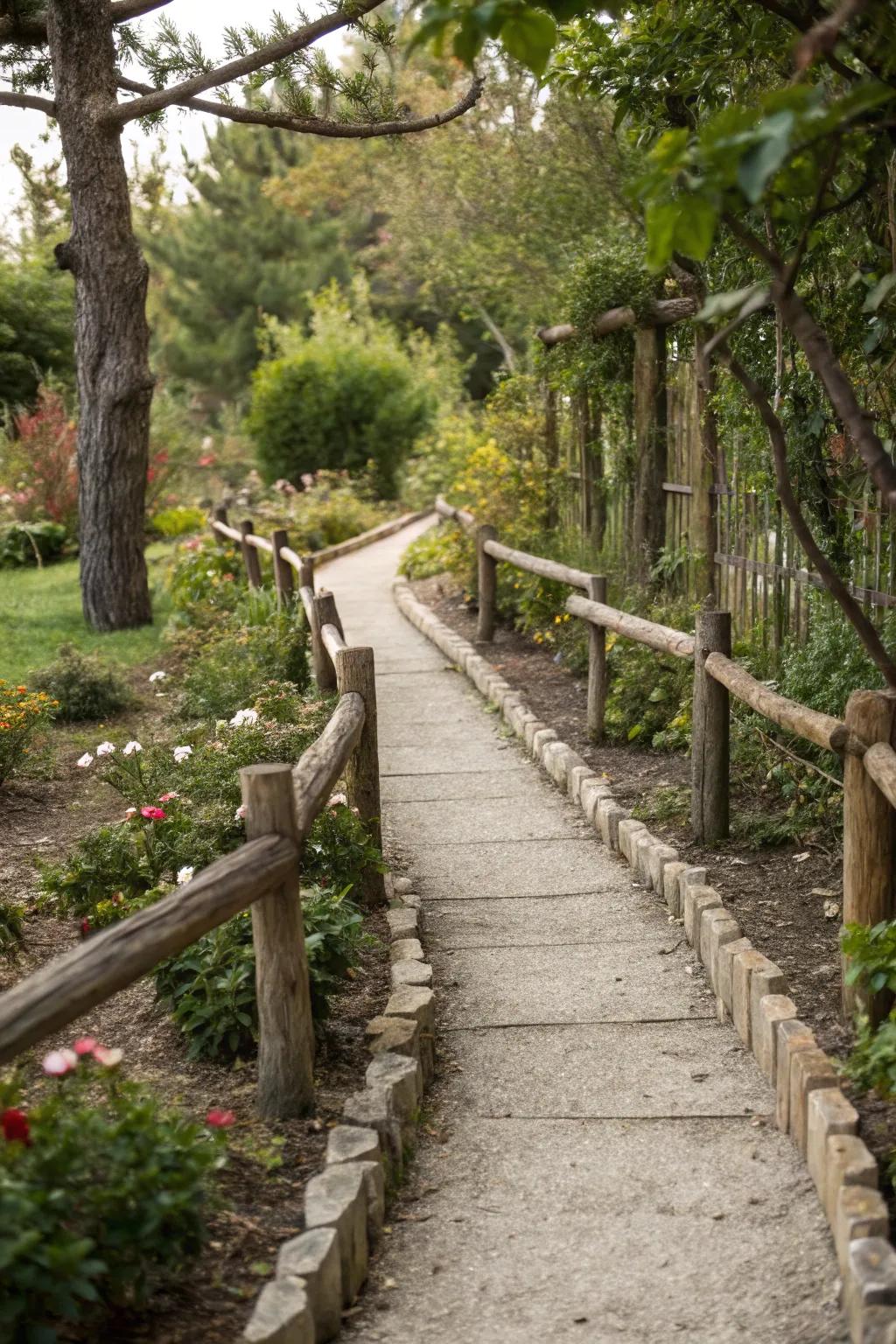 Log pathway edging directs and defines garden spaces.