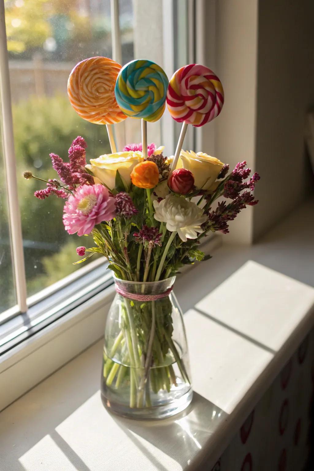Natural flowers and lollipops merge for a nature-inspired exhibit.