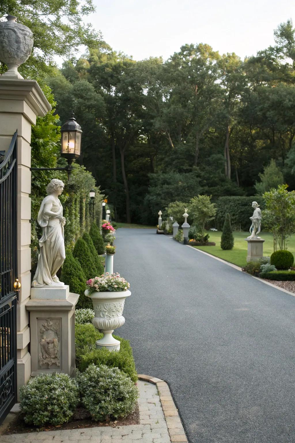 Lawn decor brings a touch of elegance and whimsy to the driveway.