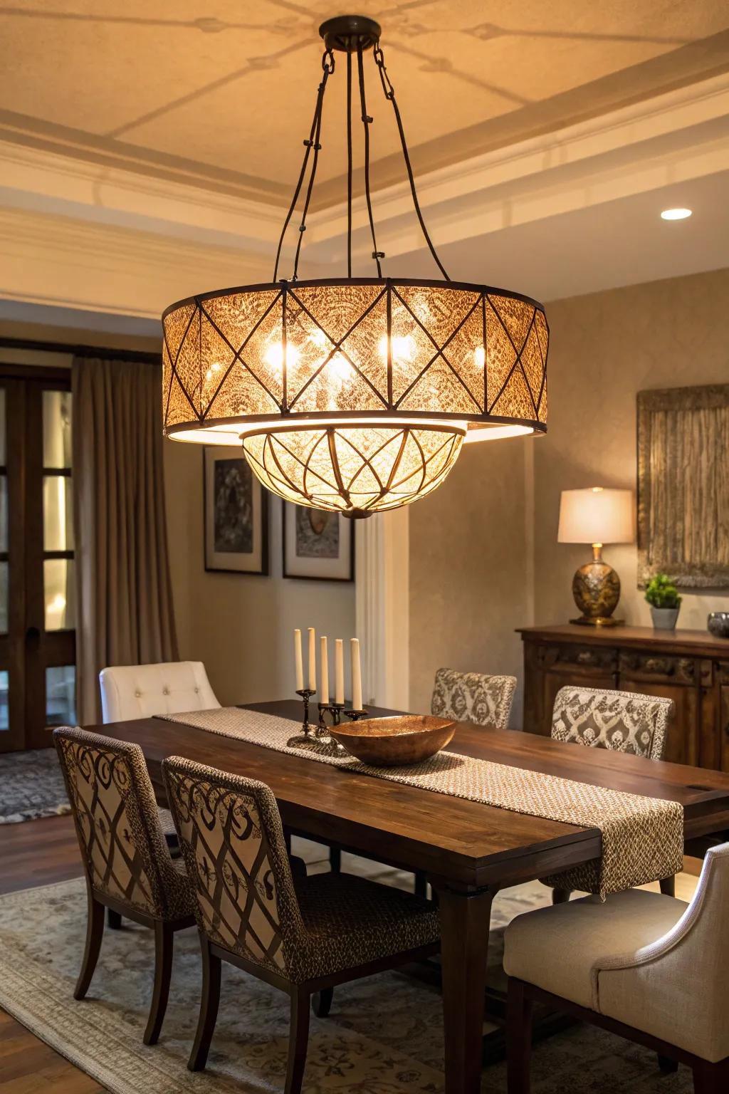 An artistic lamp adds personality to a dining room.