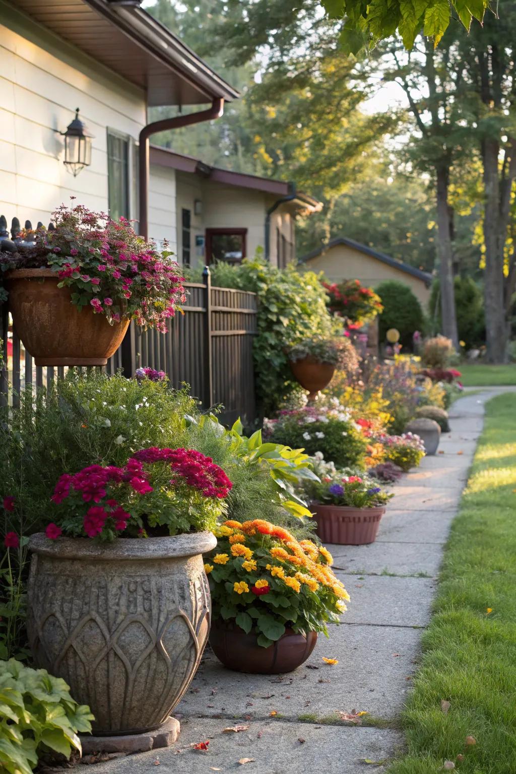 A front yard decorated with lively plants in decorative pots.