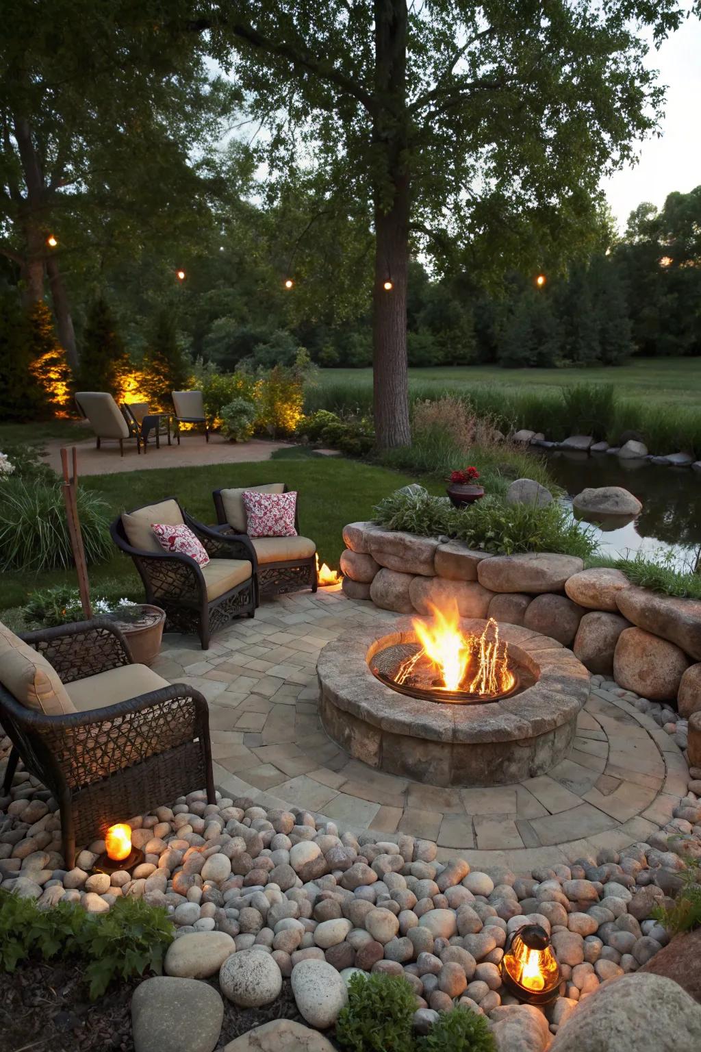 Craft a warm and inviting fire pit area with pebble stones.