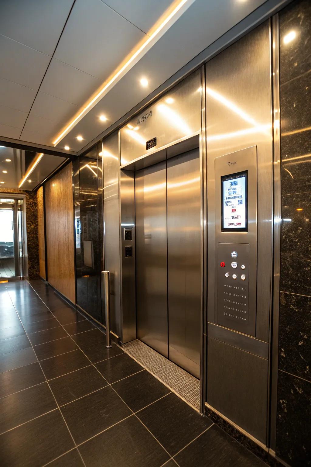 Tech elements introduce modern convenience to elevator design.