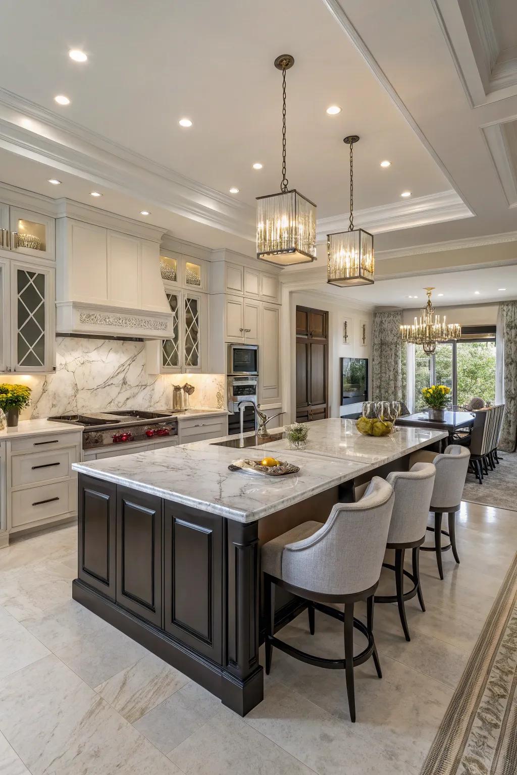 Multiple kitchen islands create separate functional areas.