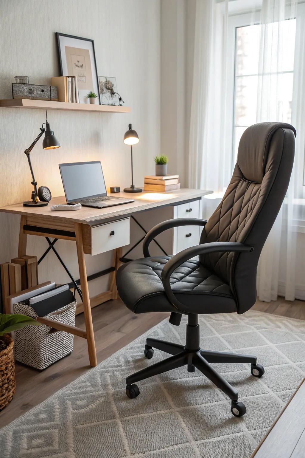A stylish and relaxing chair providing comfort in a home office.