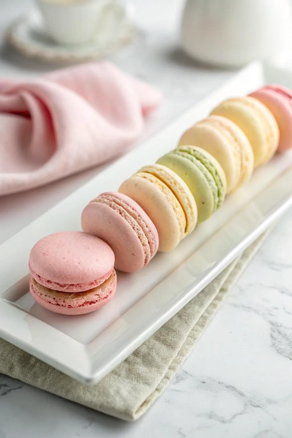 A minimalist single-tier macaron presentation.