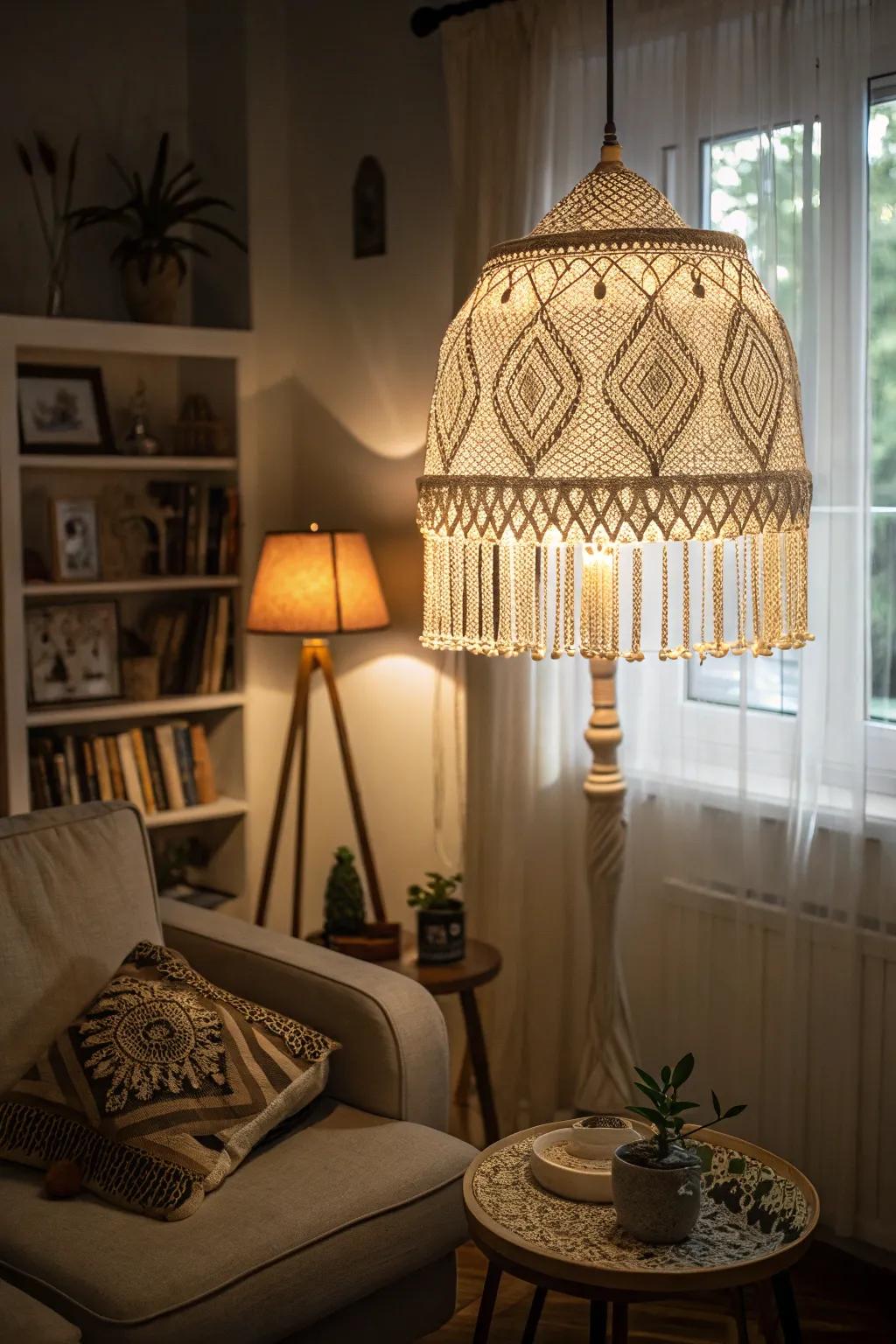 Macrame light fixtures enhancing warmth and atmosphere.