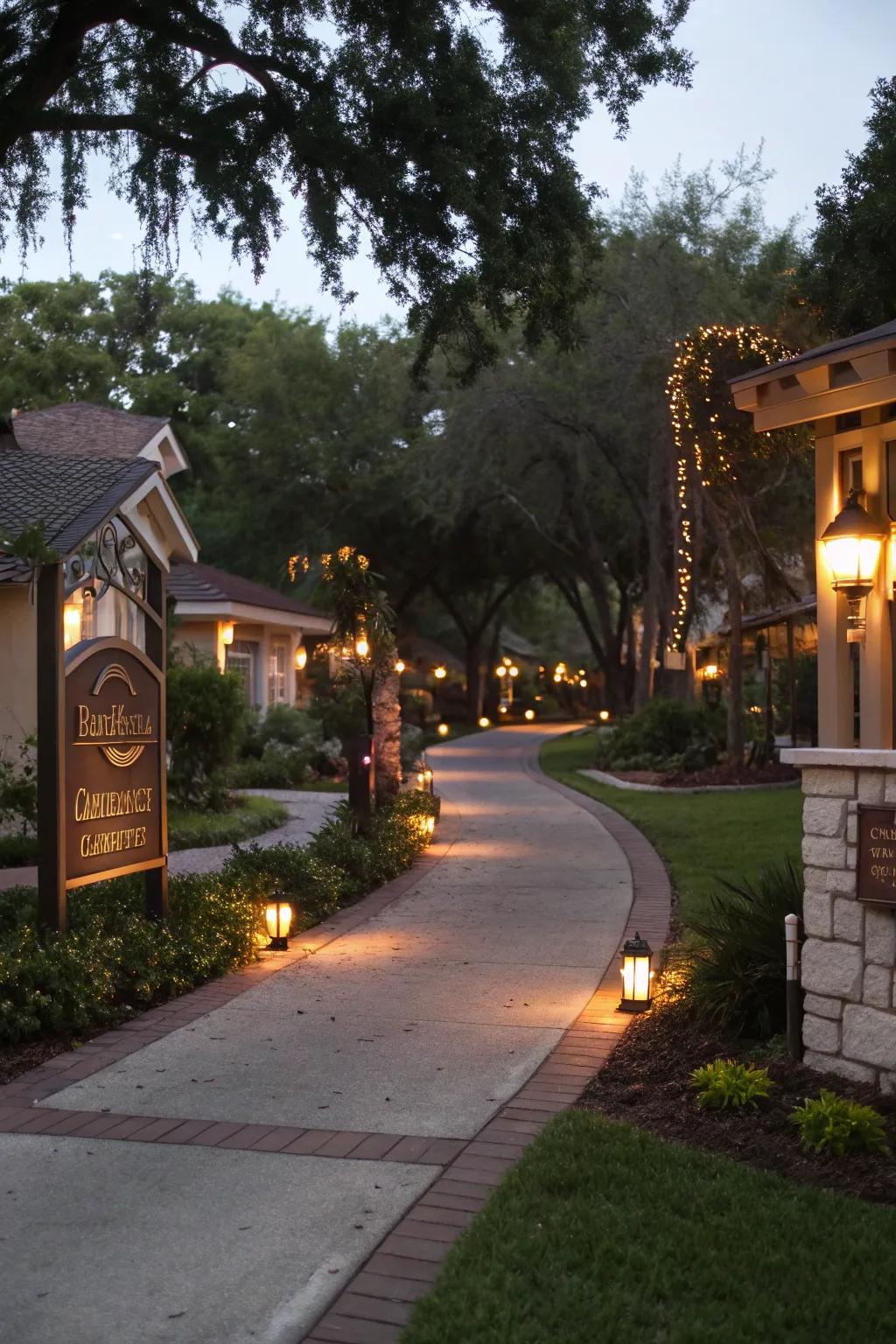 Gentle lighting creates an enchanting nighttime entrance.