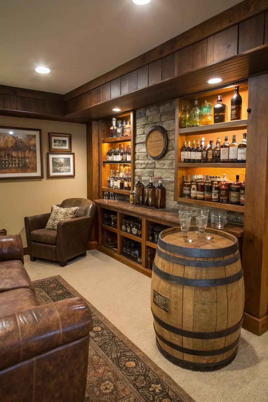 Whiskey-themed decor adds a touch of class to your man cave.