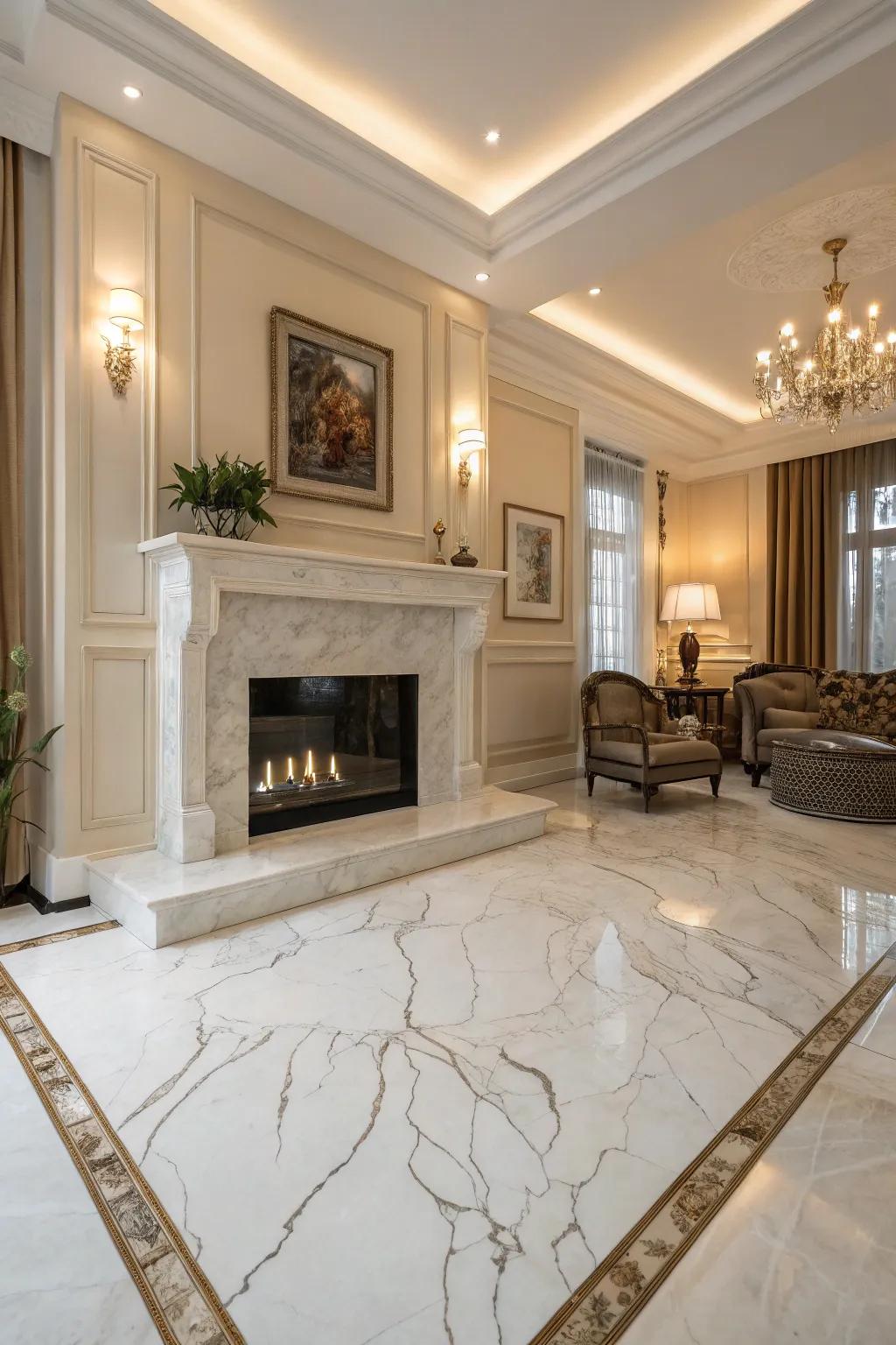 Coordinating stone accentuates the hearth as a focal point.