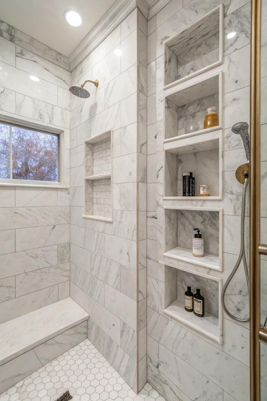 Built-in shelving keeps your shower organized and fashionable.
