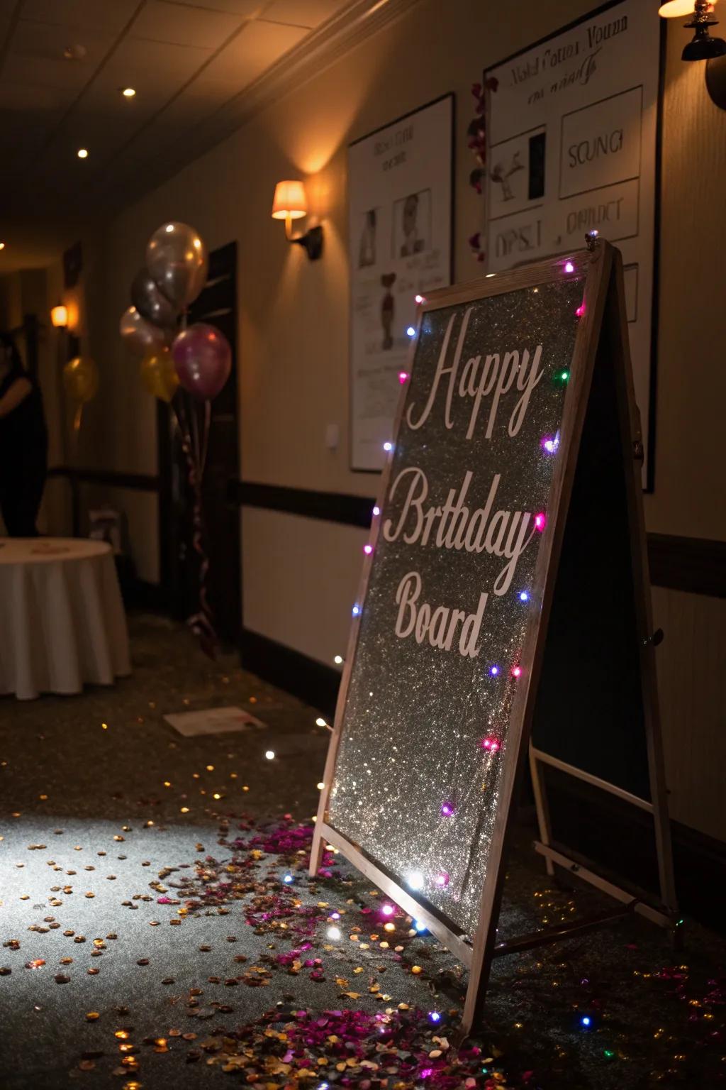 A glittery birthday board that shines with elegance and flair.