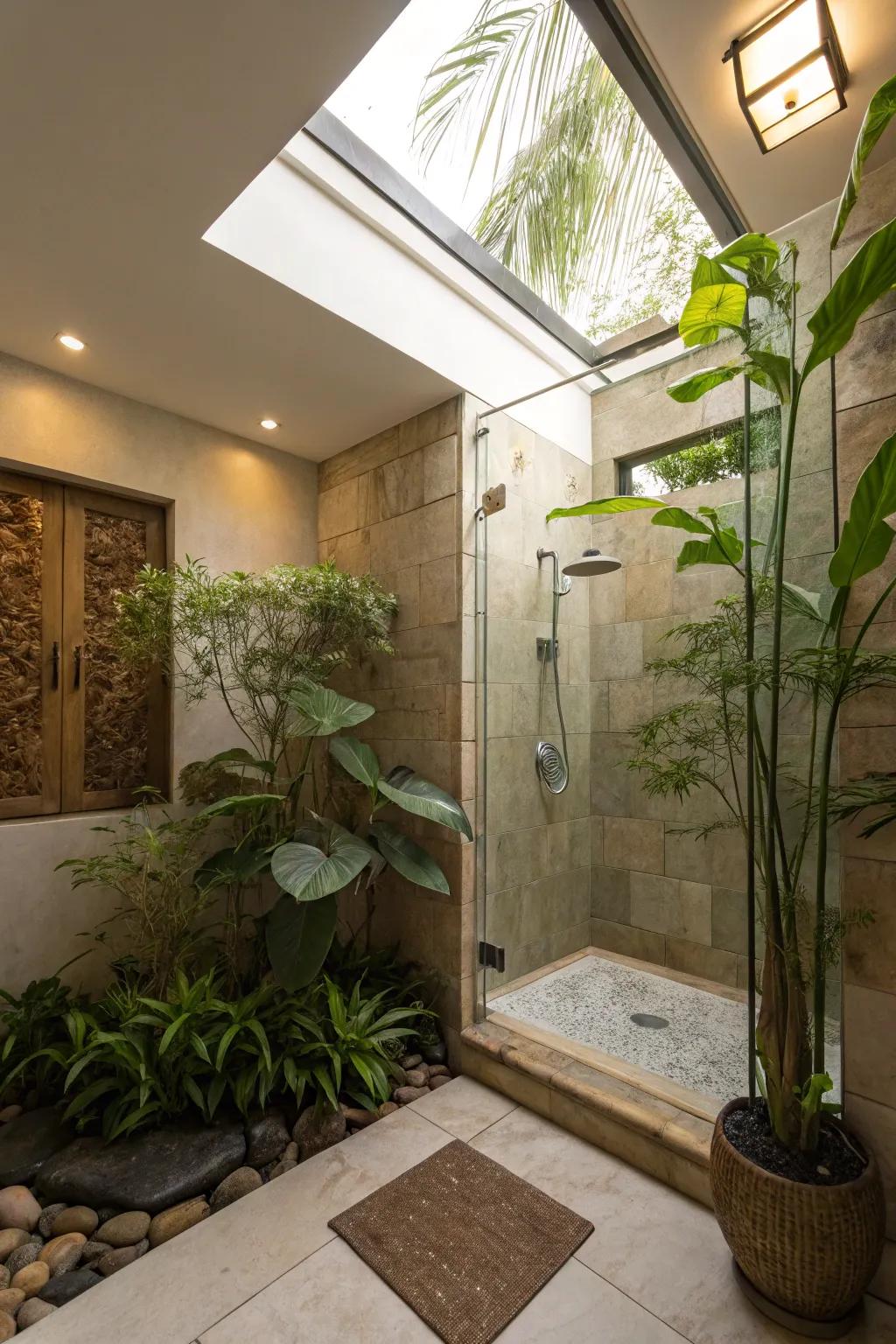 A tranquil walk-in shower showcasing natural elements.