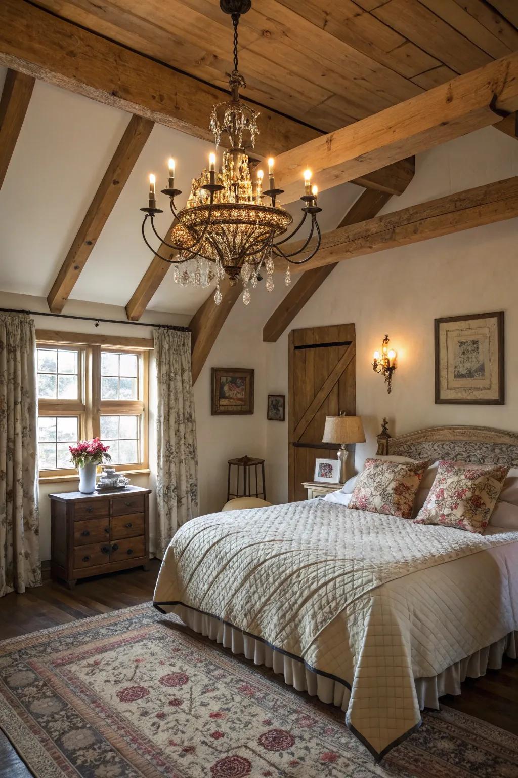 Warm and elegant rustic lighting featured in a farmhouse bedroom