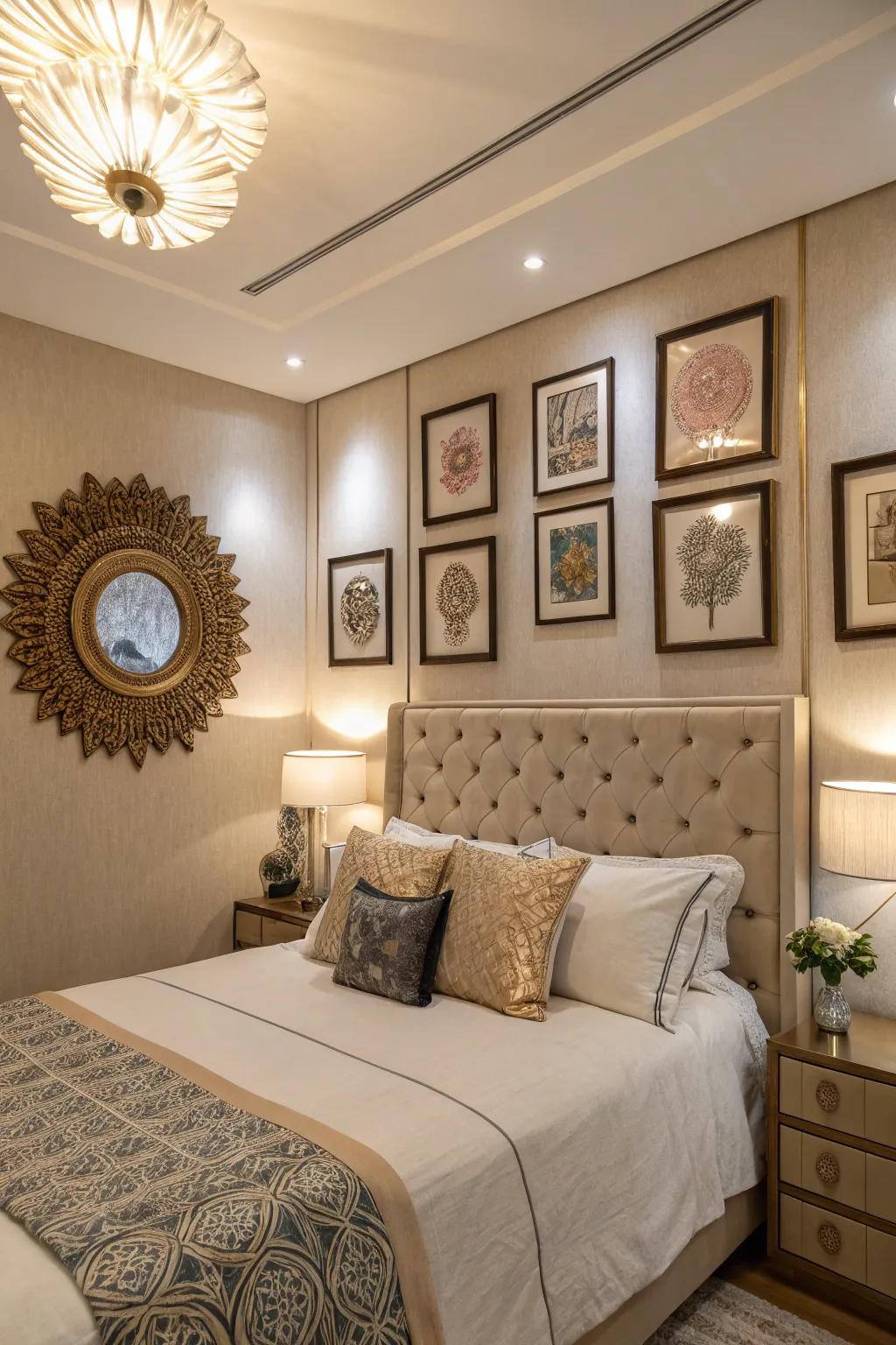 Decorative touches like art and mirrors add a personal feel to your headboard wall.