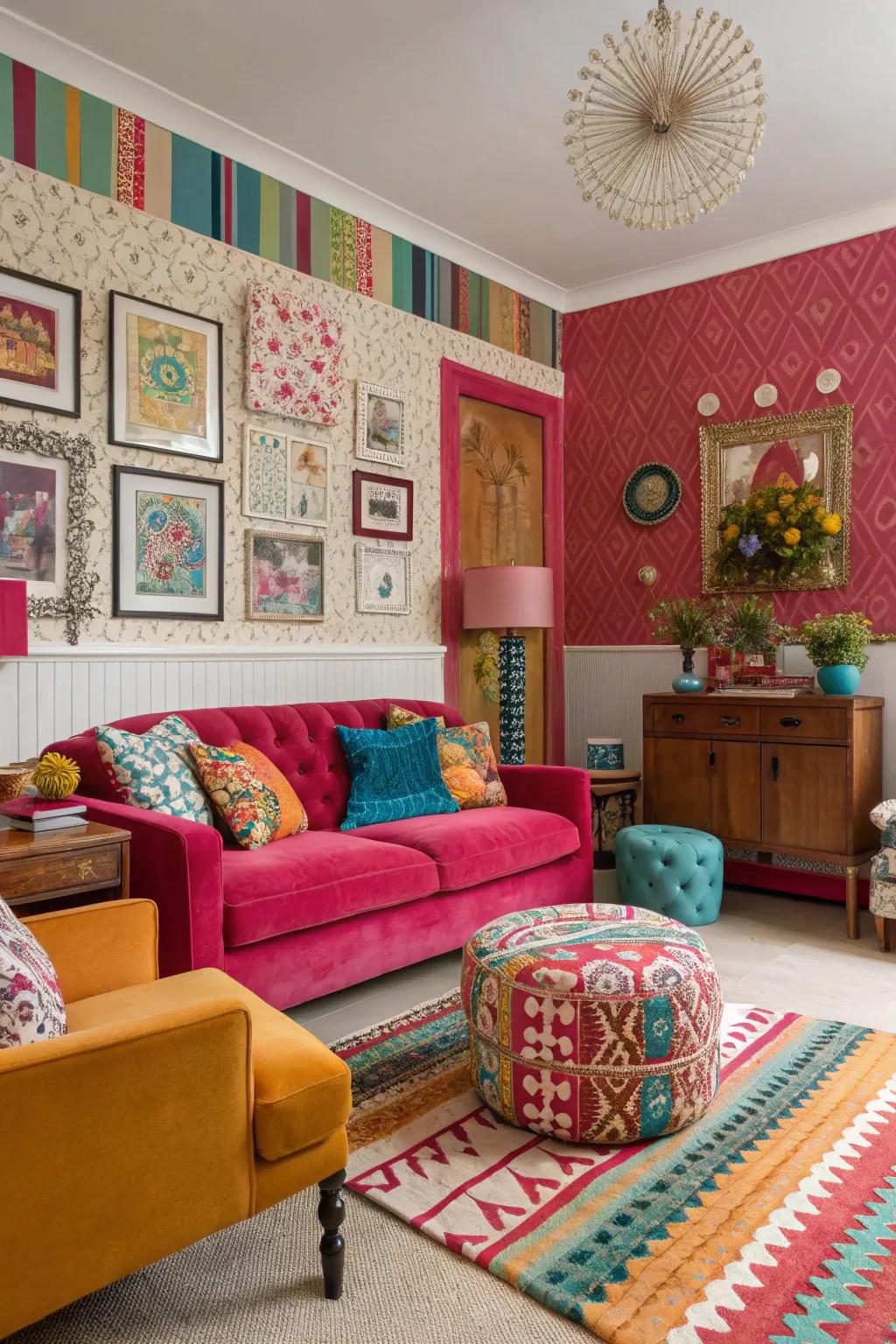 Contrasting shade wallpaper introduces vibrancy to a lively living space.