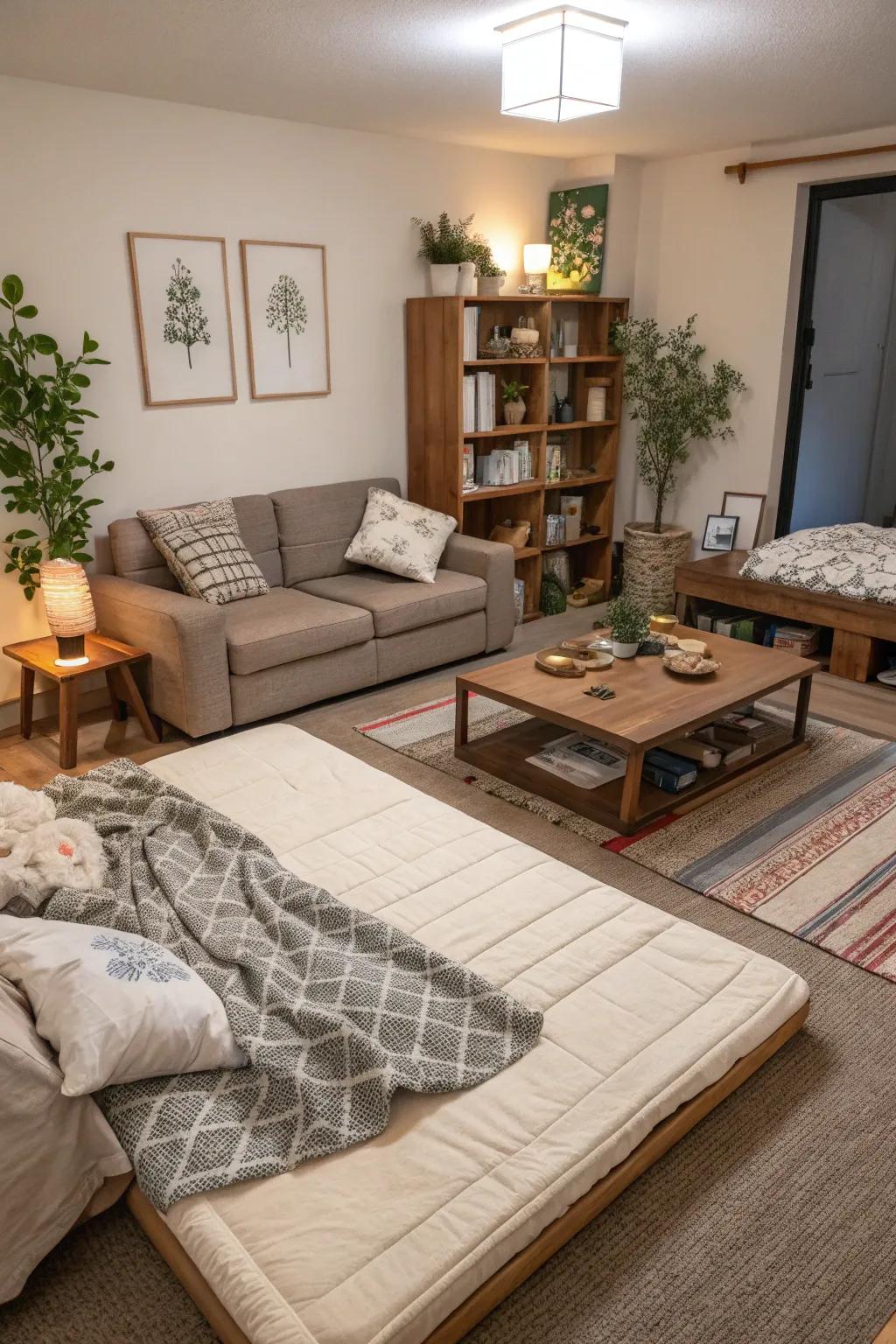 A clever utilization of space with a floor mattress.