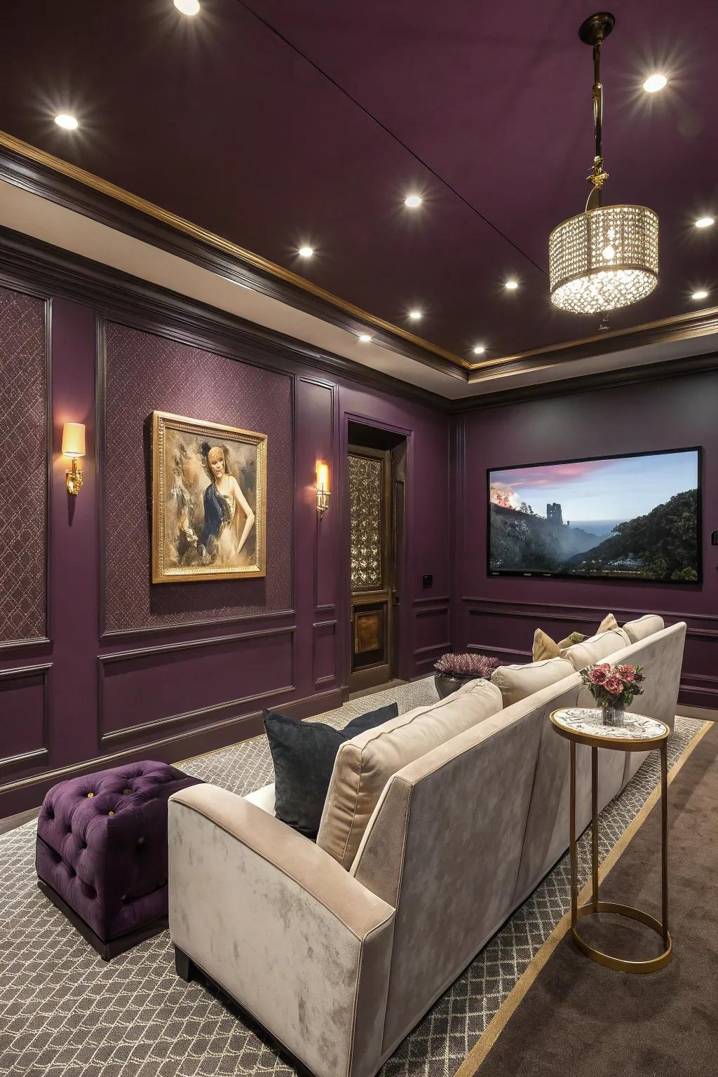 A luxurious media room featuring deep purple walls, projecting elegance.