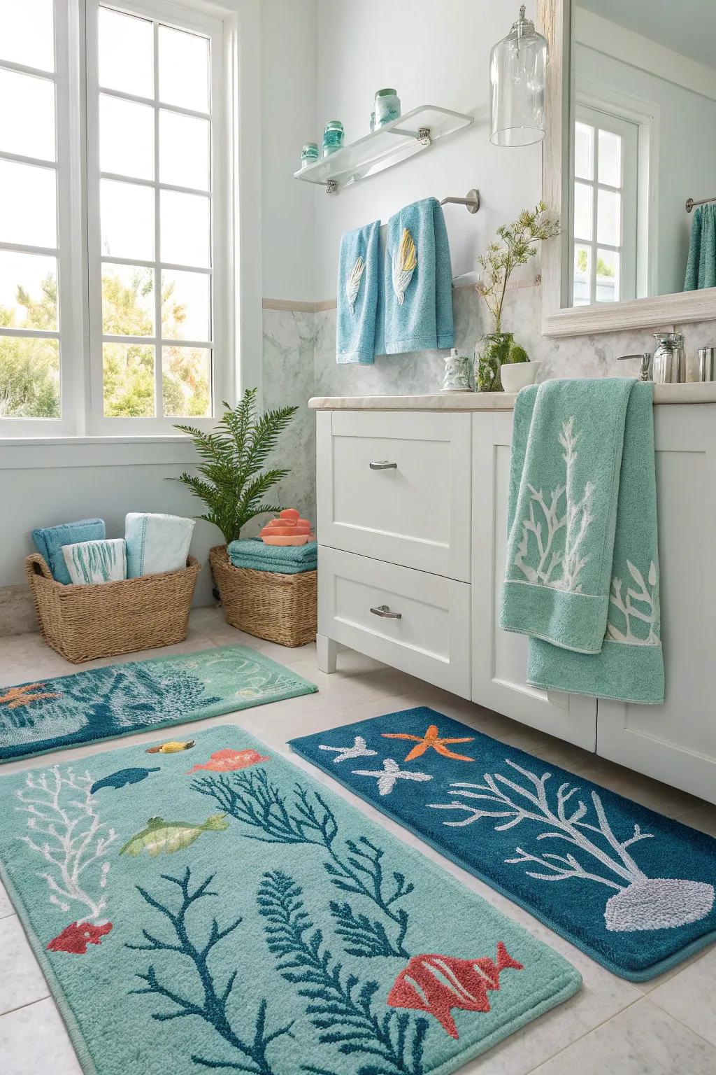 Aquatic textiles introduce warmth and flair to your mermaid-inspired bathroom.