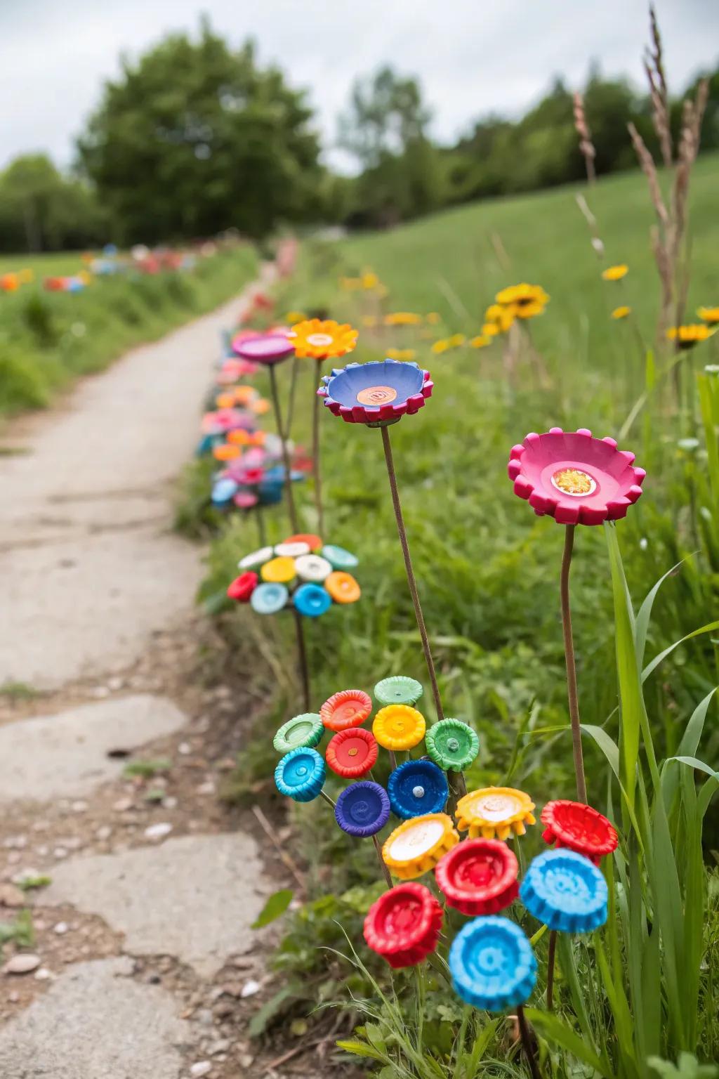 Handmade bottle cap flowers add a quirky touch.