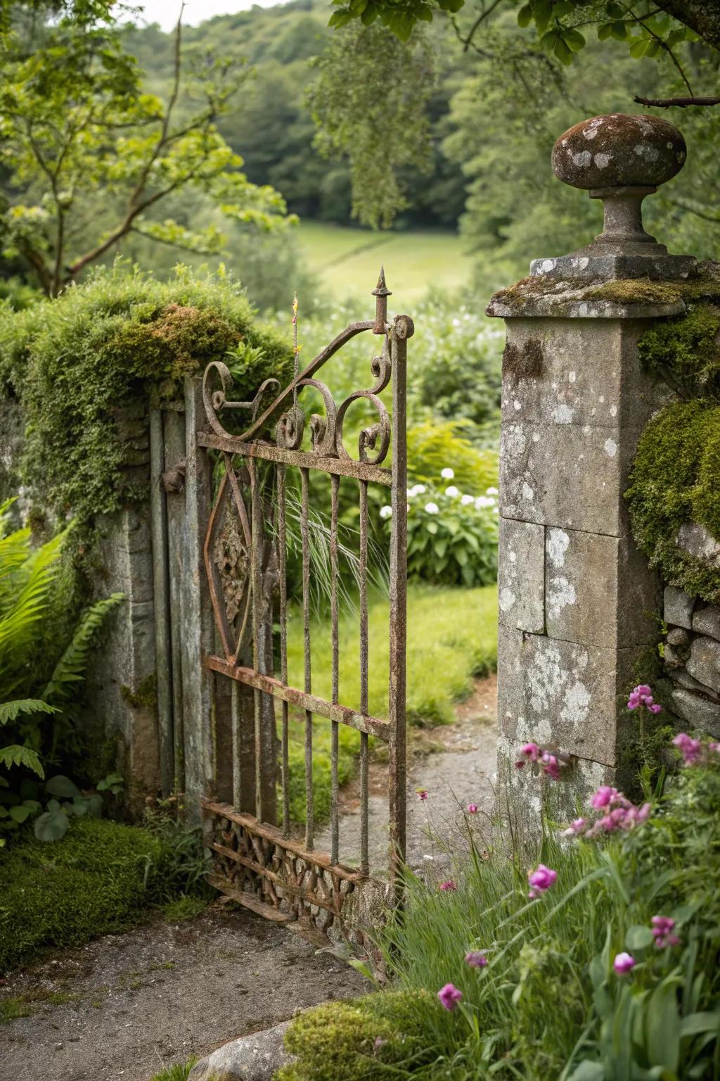 Rustic gates contribute vintage charm to garden entries.
