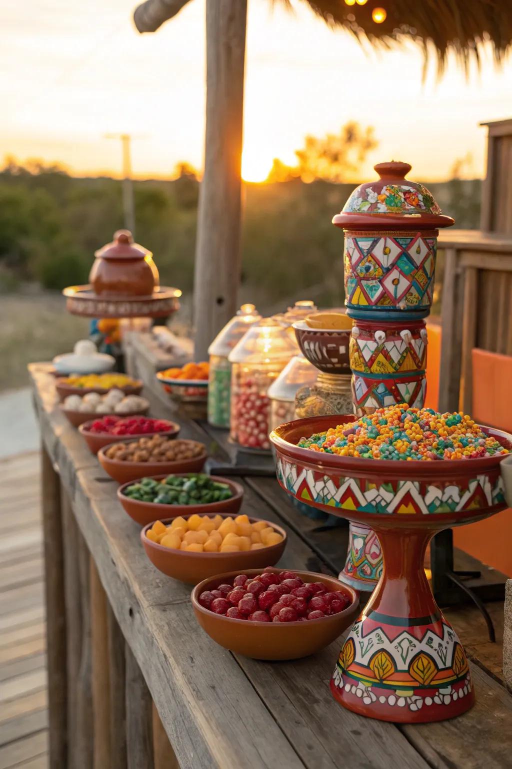 Use vibrant Mexican pottery to hold your candies, incorporating authenticity and charm into your display.