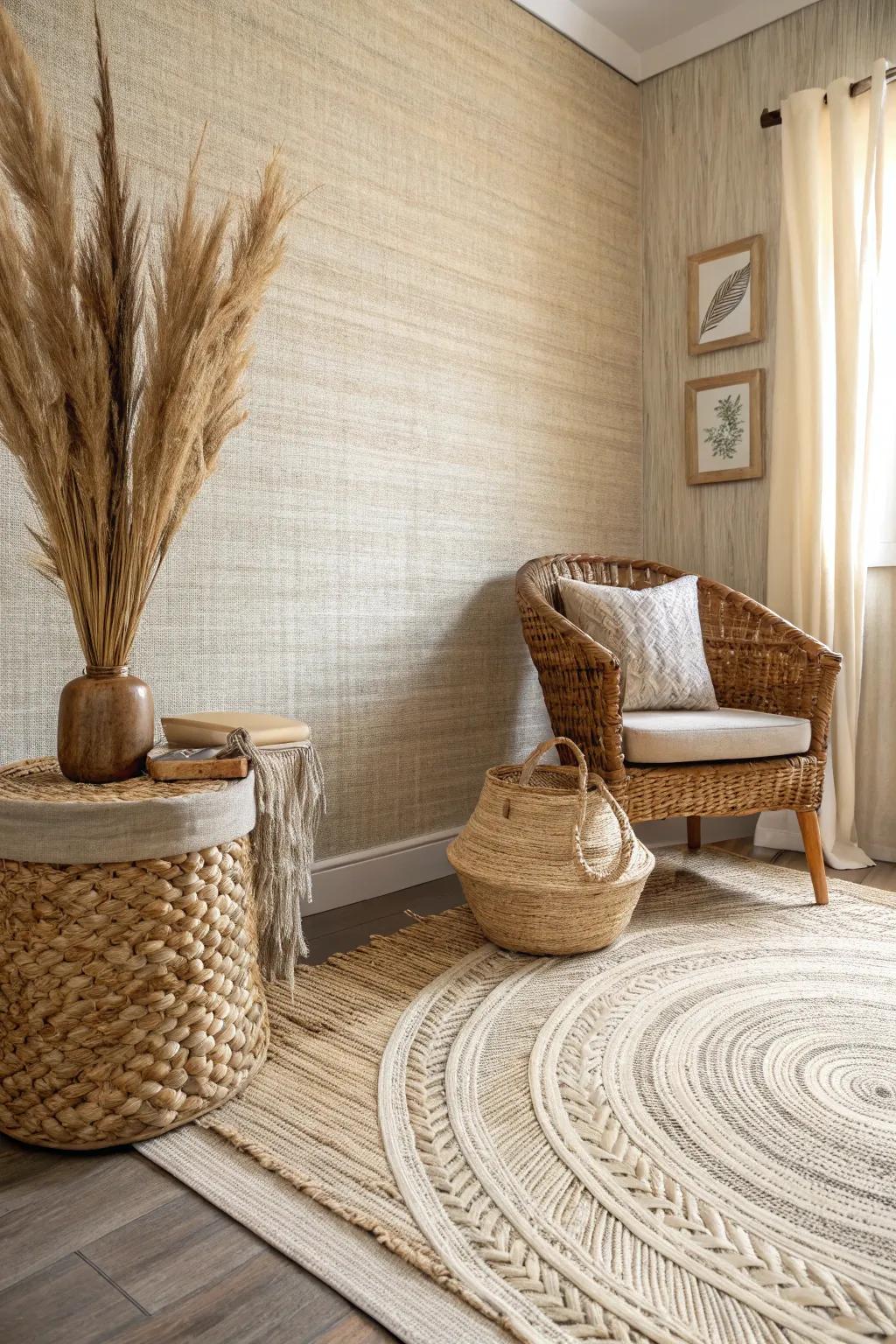 A cozy room featuring mid-century wallpaper with textured grasscloth.