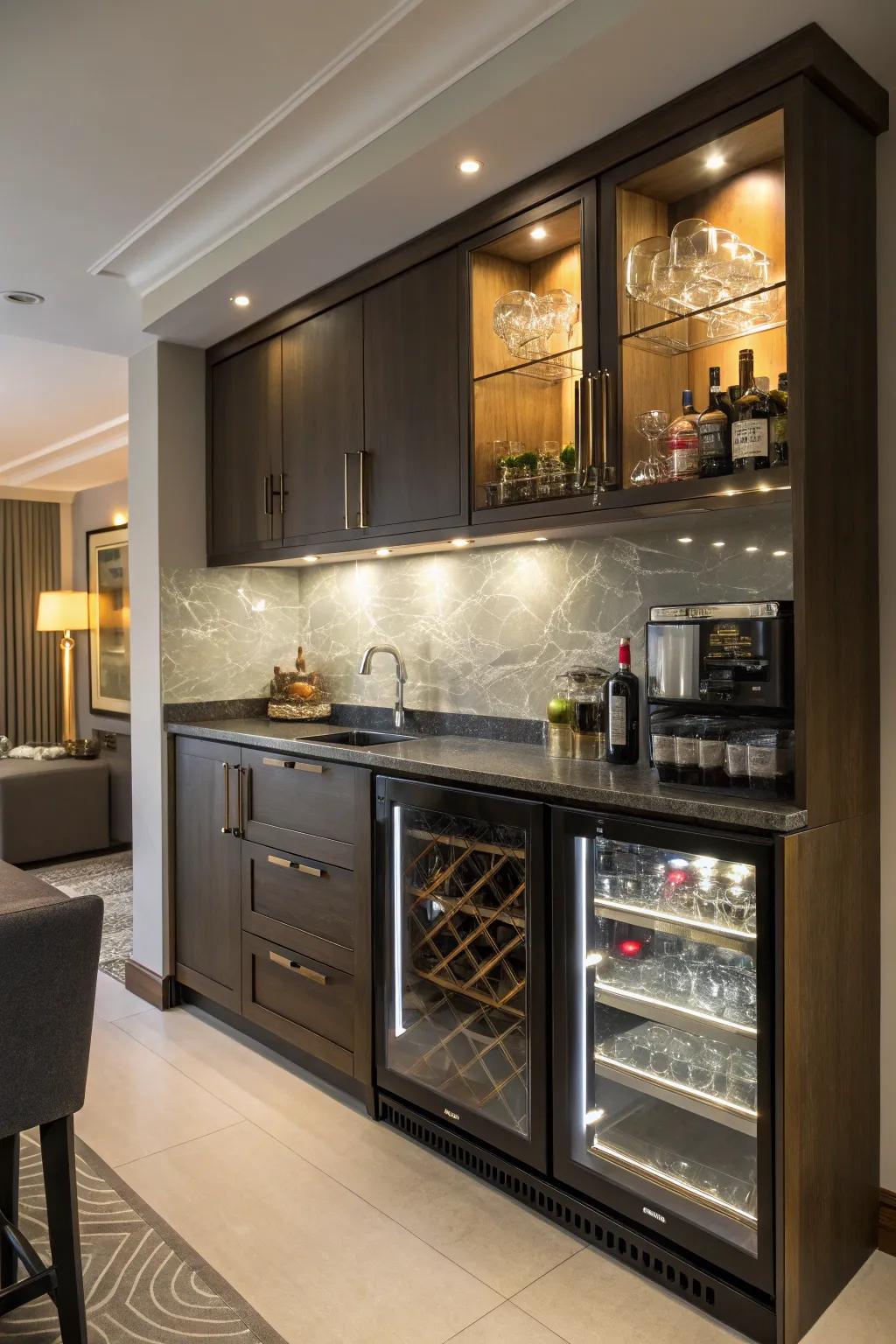 Integrated lighting establishes a cohesive bar aesthetic.