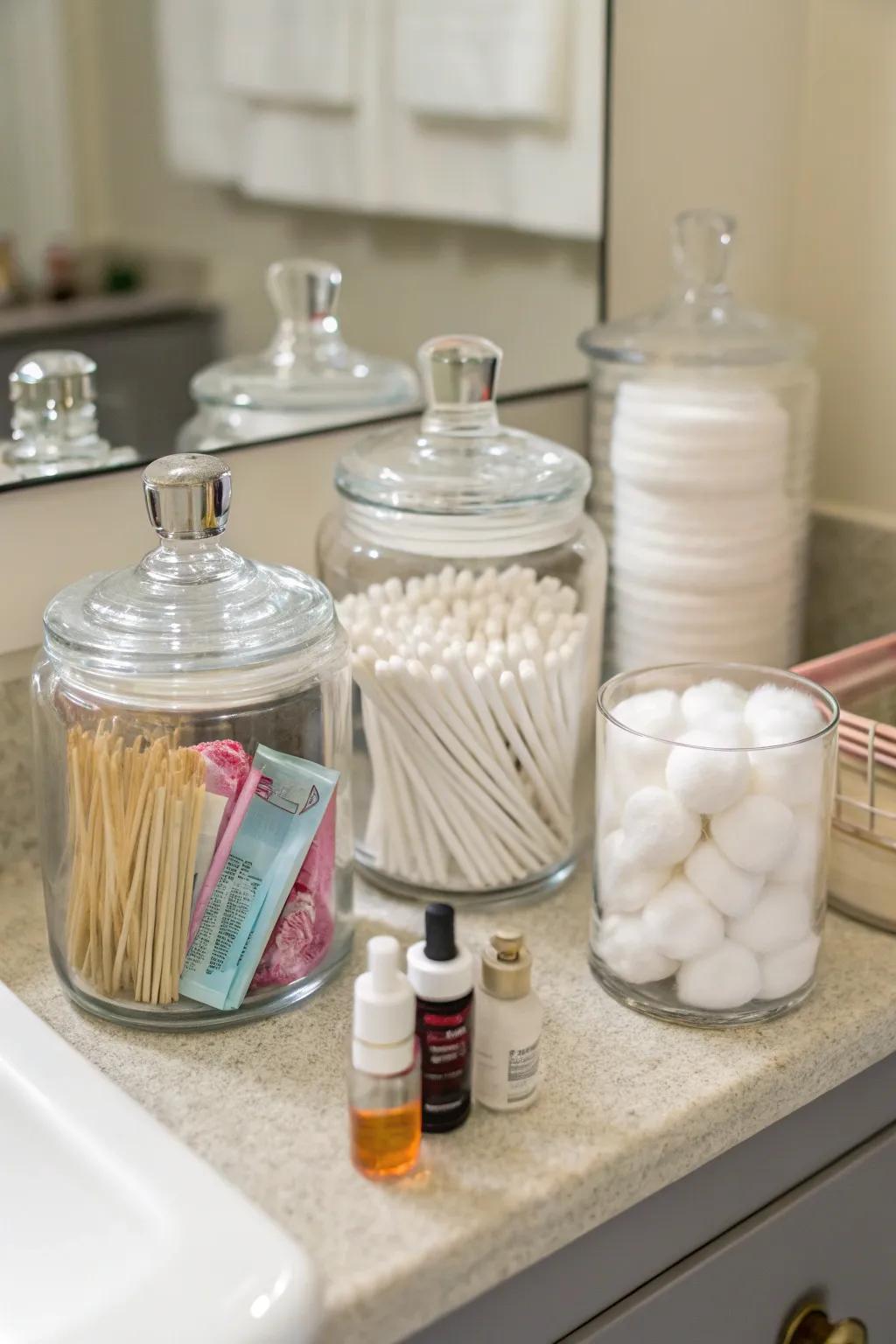 Organized jars keep bathroom essentials tidy and stylish.