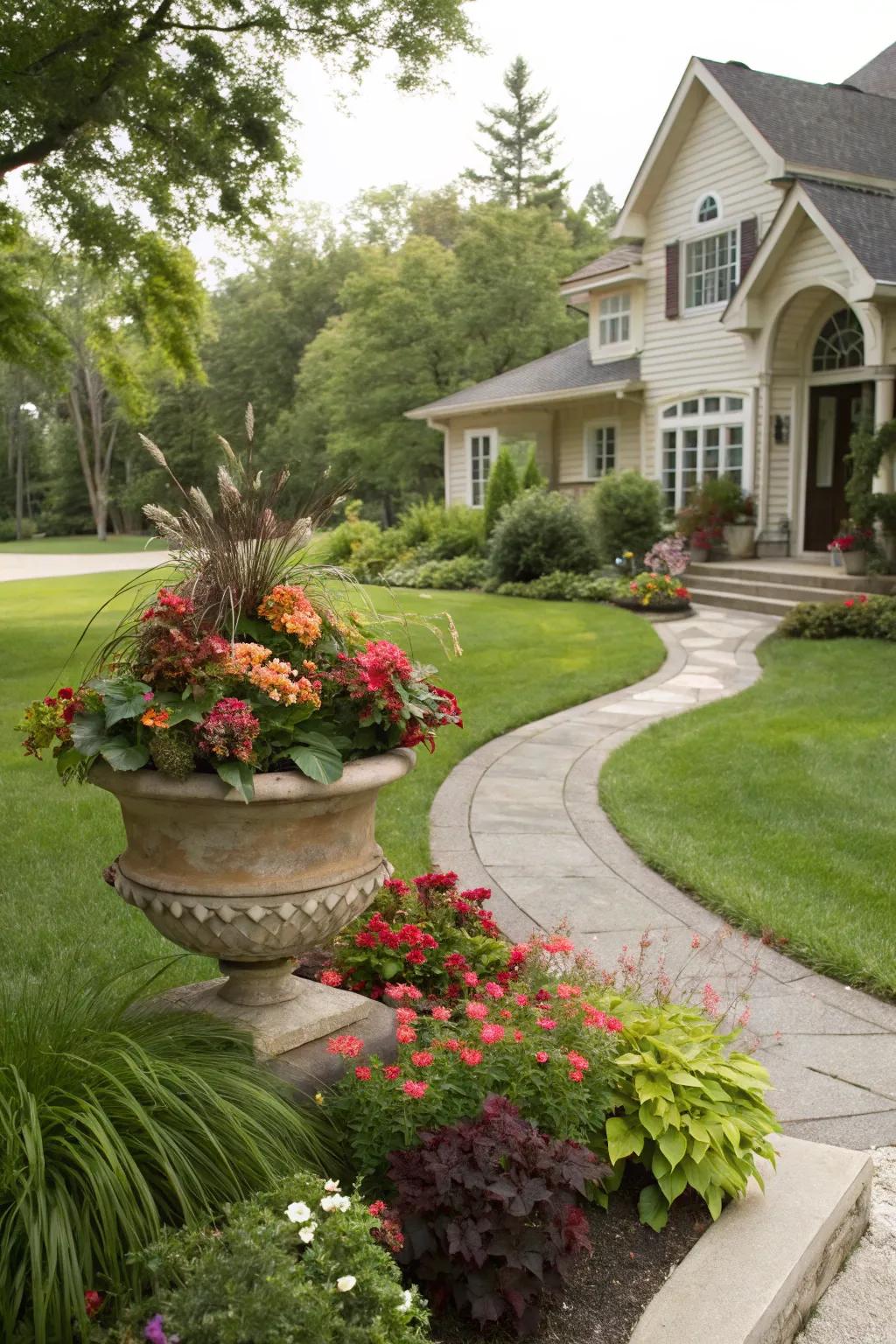 A feature element like a planter can serve as a striking focal point.