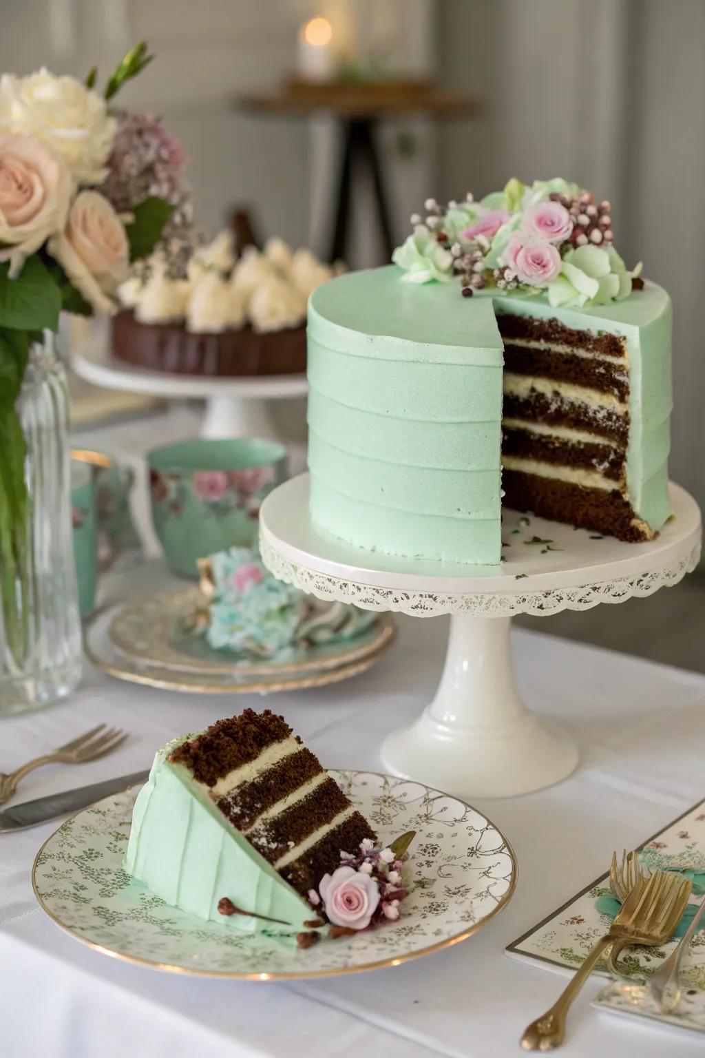 A chartreuse cake paired with delightful chocolate tiers.