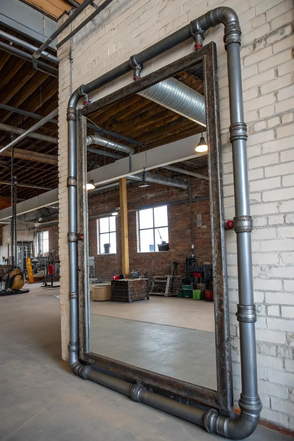 Metal pipe frames give a mirror an industrial edge in a loft setting.