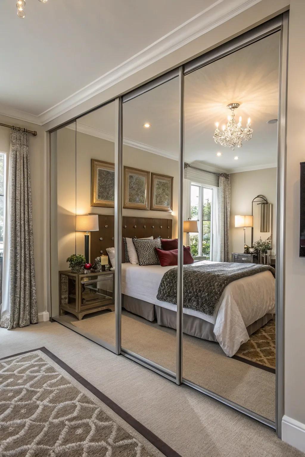 Mirrored closet doors conserve space and incorporate a modern aesthetic.