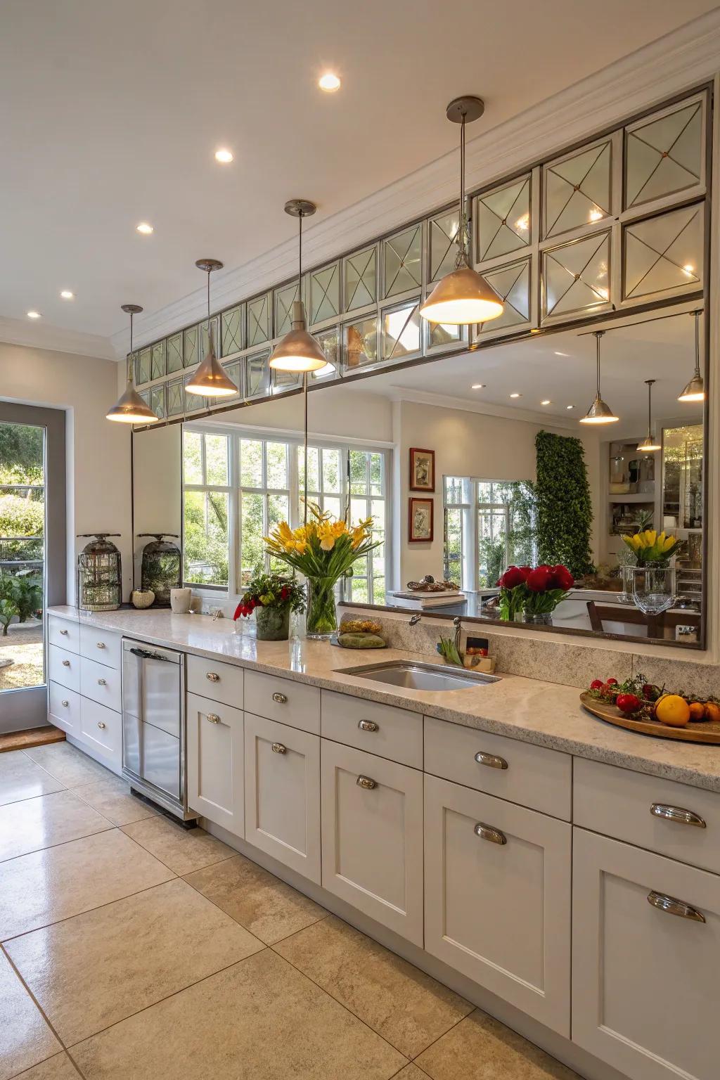 Mirrors strategically placed to reflect light, brightening the kitchen.