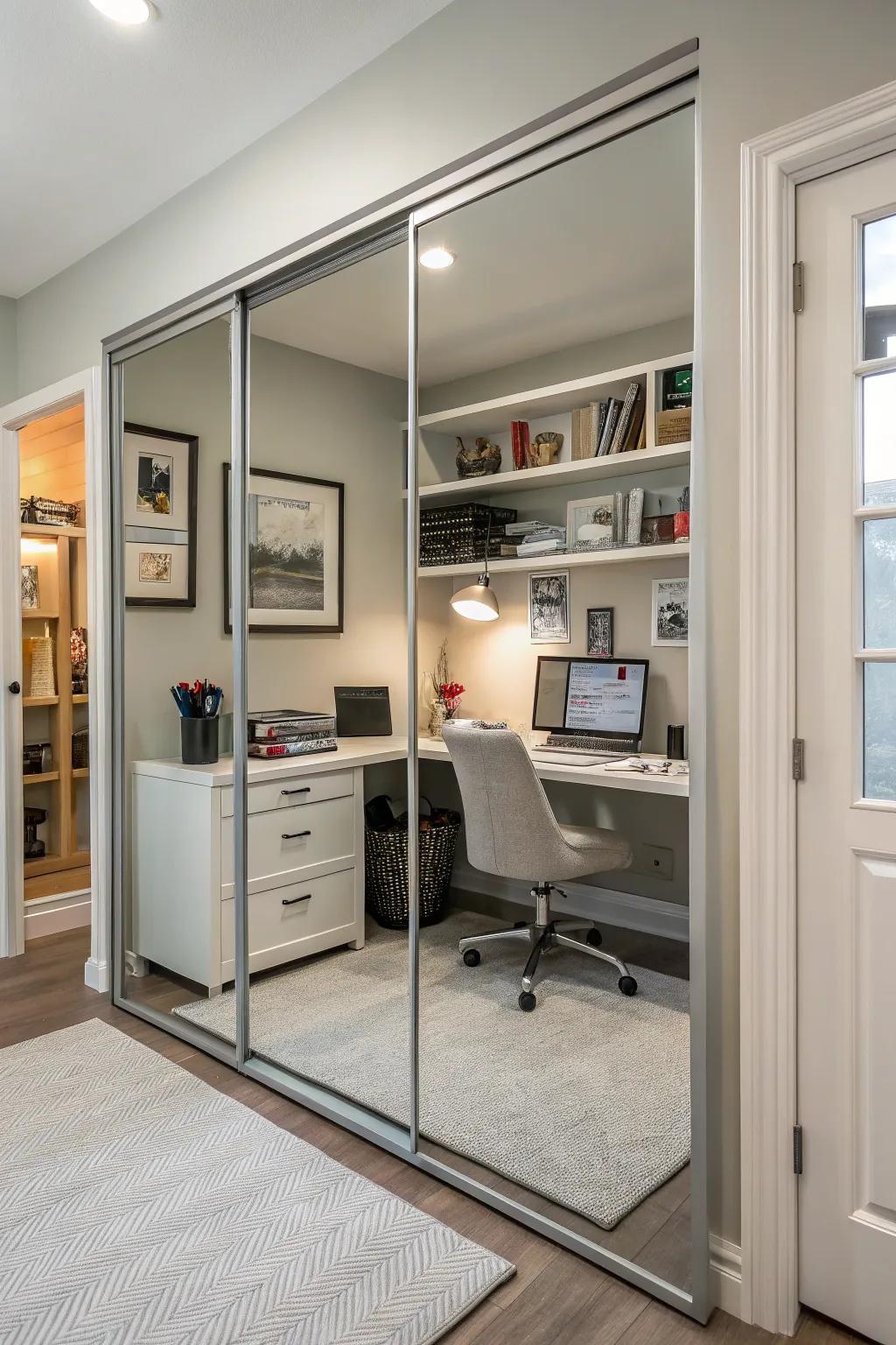 Harness mirrored closets to amplify natural light in home offices.