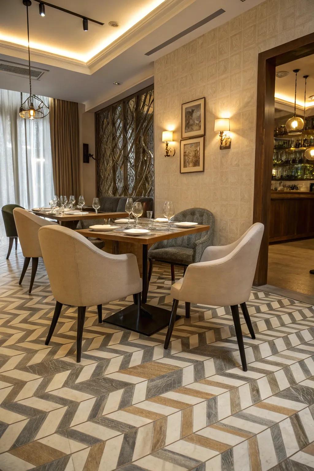Angular tiles introduce an artistic element to a dining space.