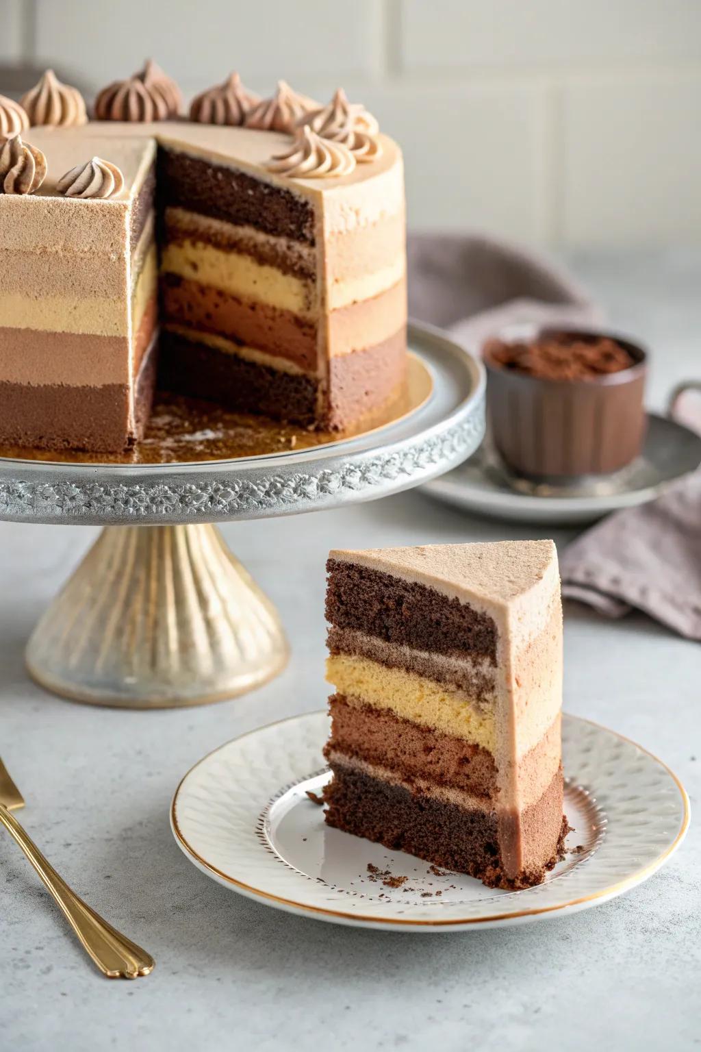 Fading coffee strata create a visually spectacular cake.