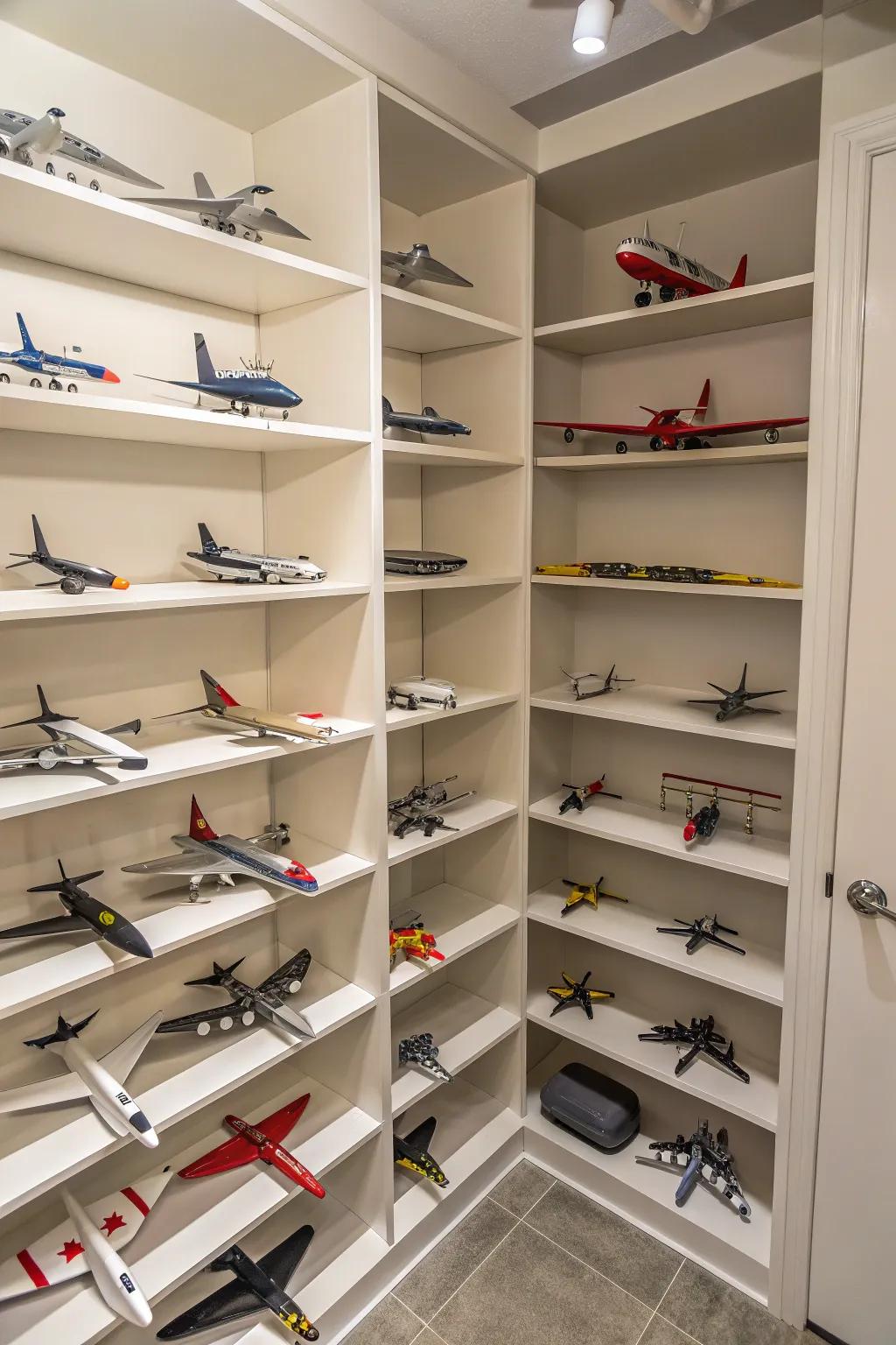 Corner shelving units are a resourceful way to present model airplanes.