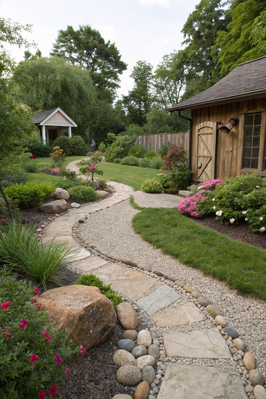 A chic backyard featuring gravel pathways and rocks.