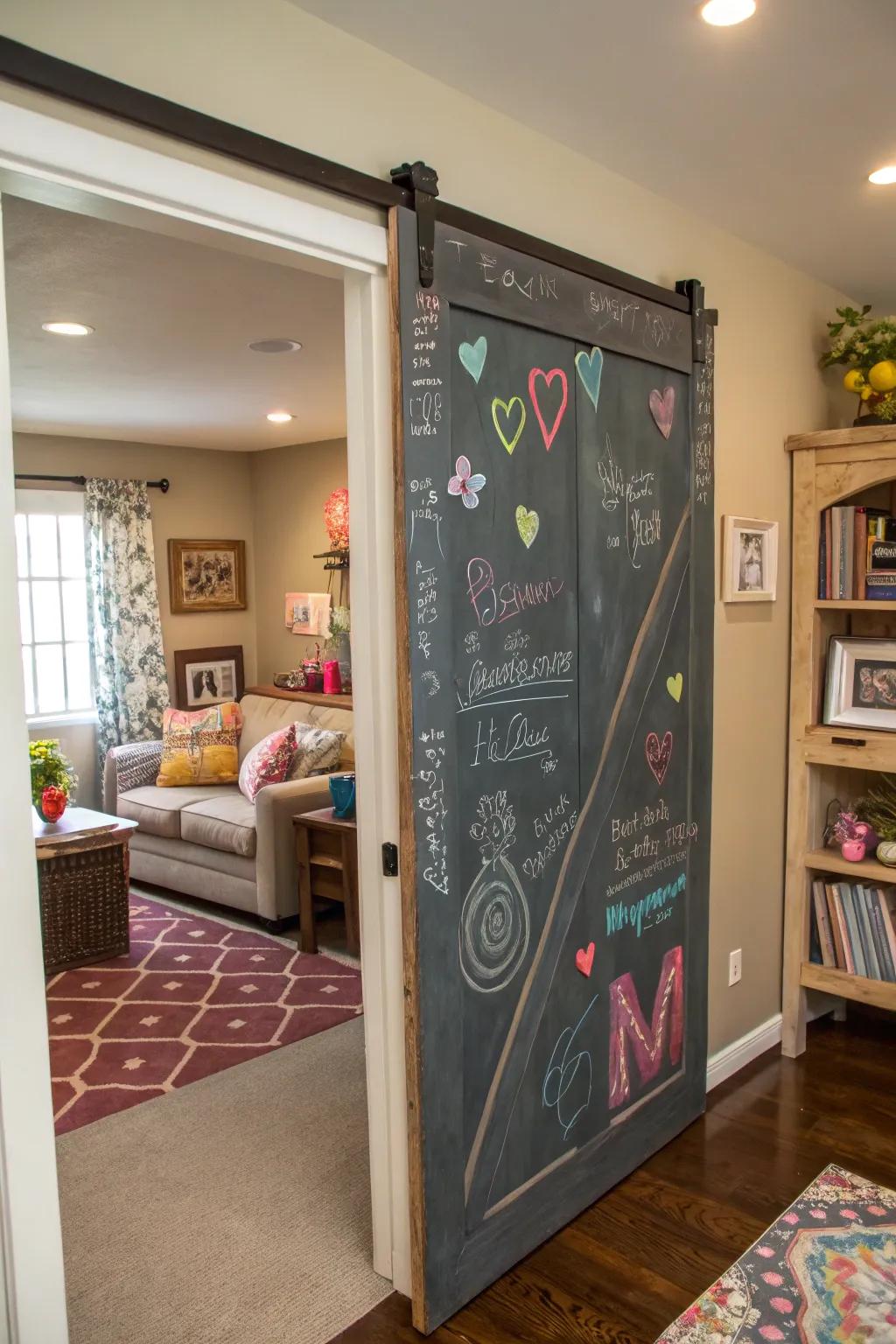 Chalkboard barn doors encourage creativity and provide a space for interaction.