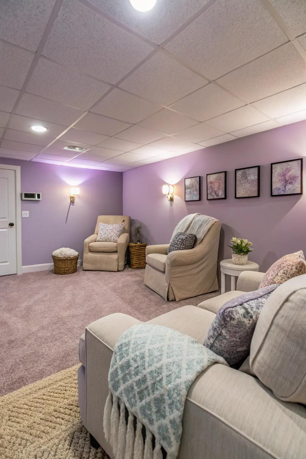 A tranquil and peaceful basement ambiance is created by delicate lilac.