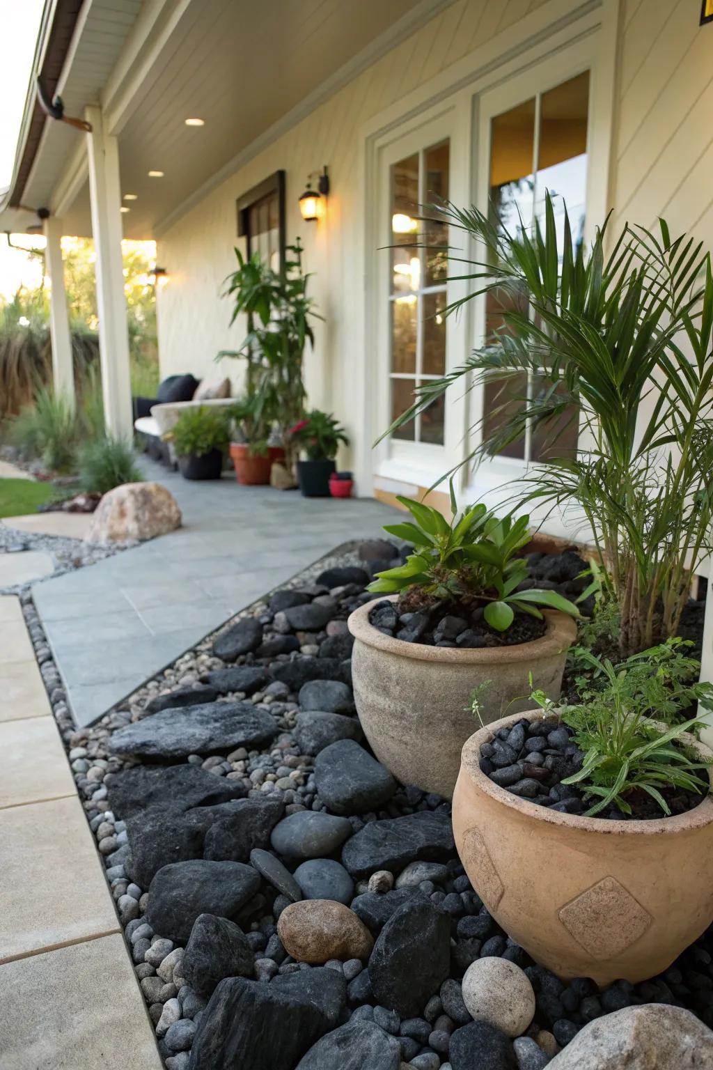 Dark stones adding a stylish touch to terrace areas.
