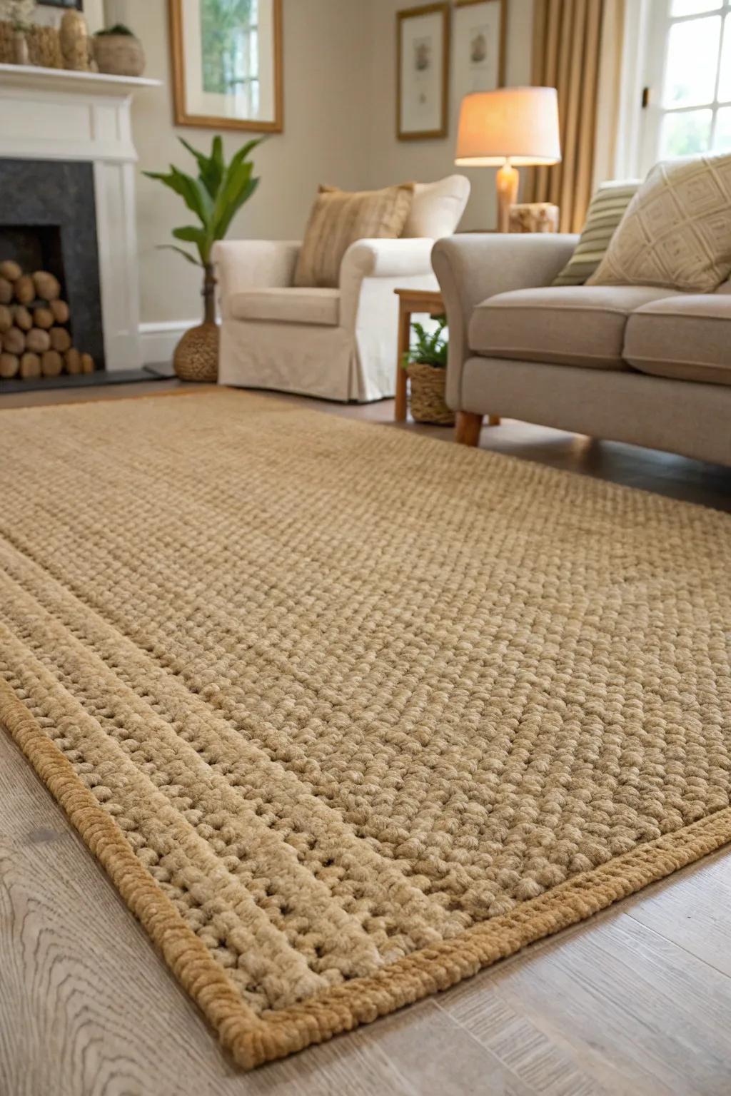 Living room featuring a carpet made from natural fibers, offering a sustainable decor option.