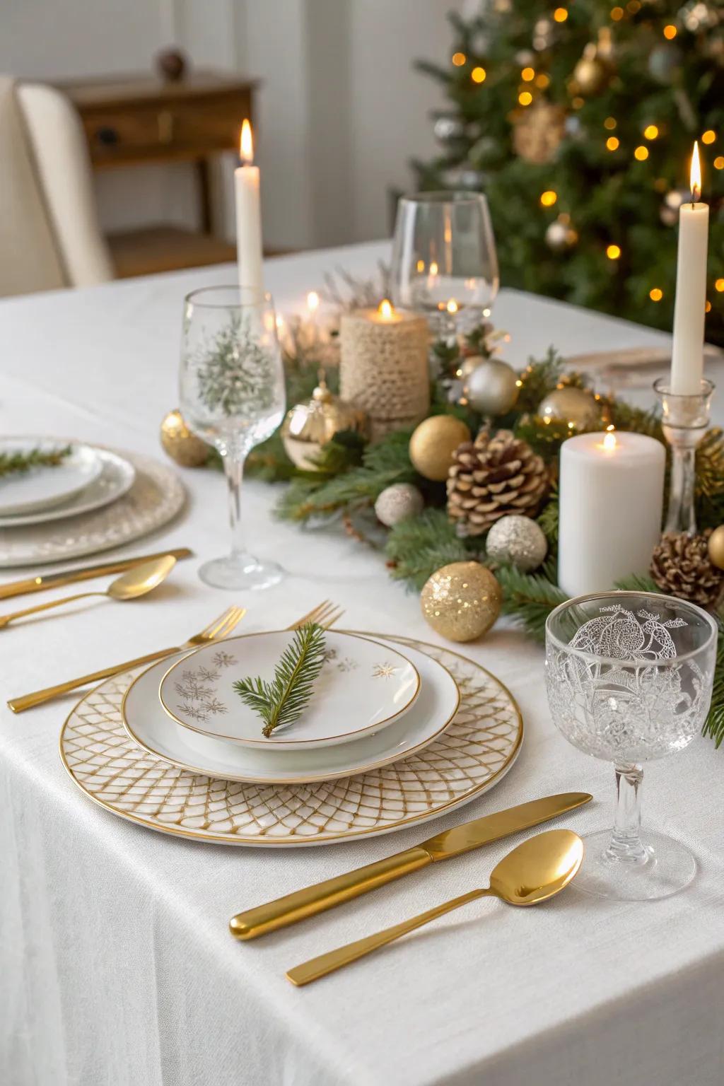 An opulent Christmas table display with hints of gold.
