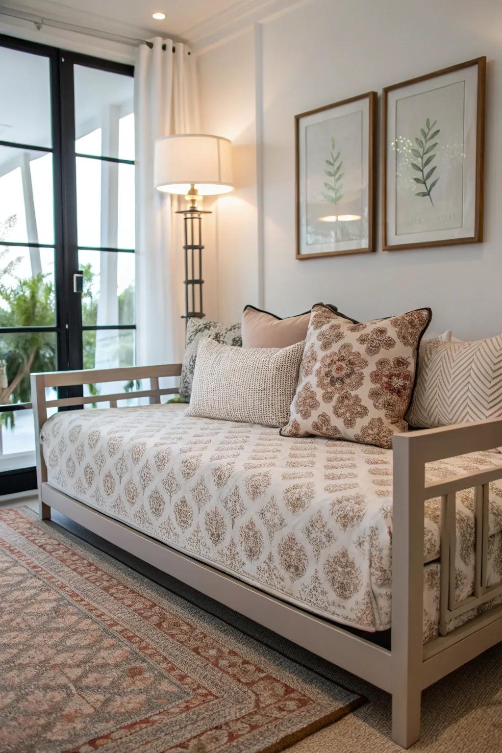 Delicate patterns on bedding introduce sophistication to a modern daybed.