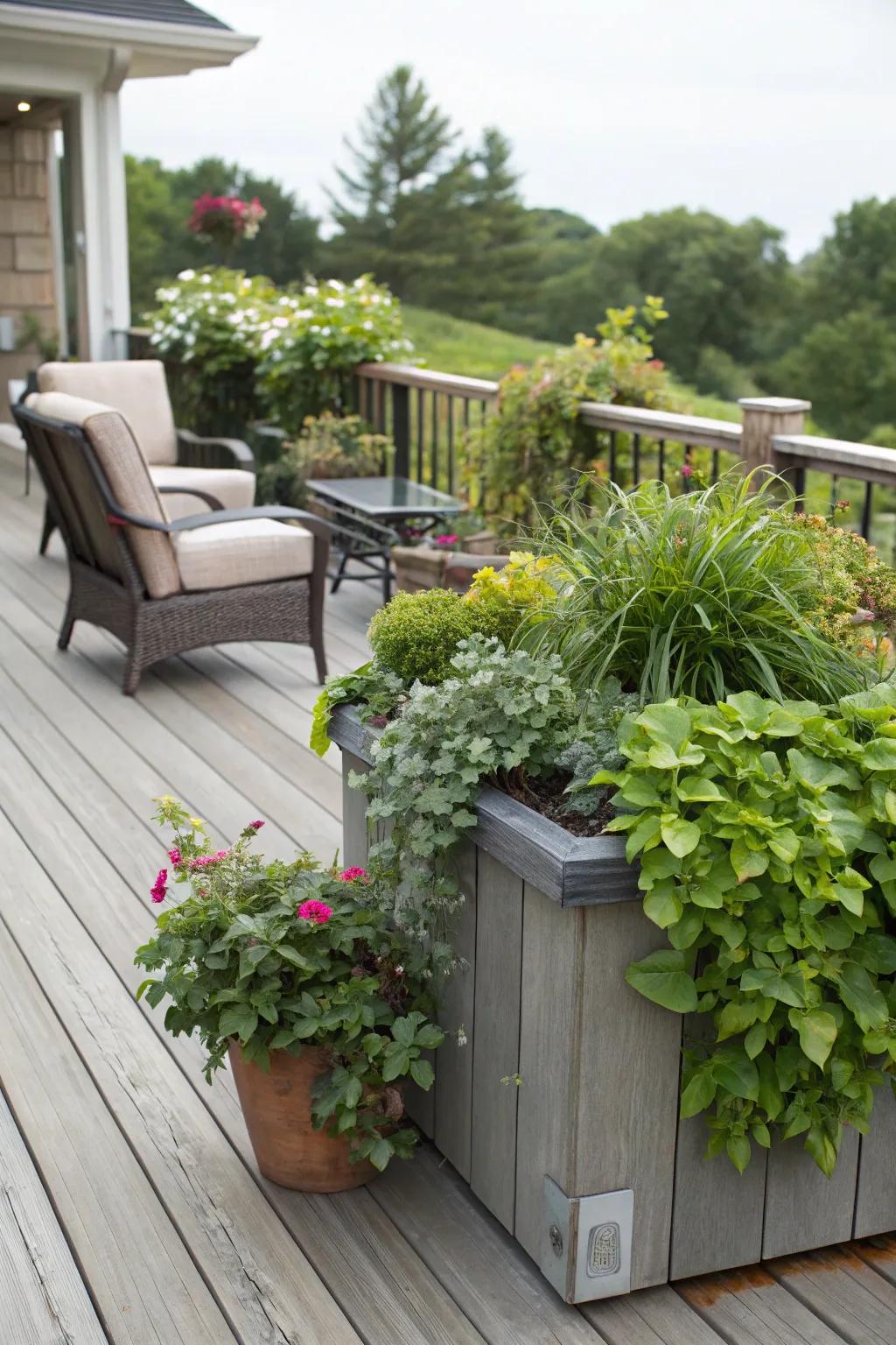 A deck design that features rich greenery through built-in containers.
